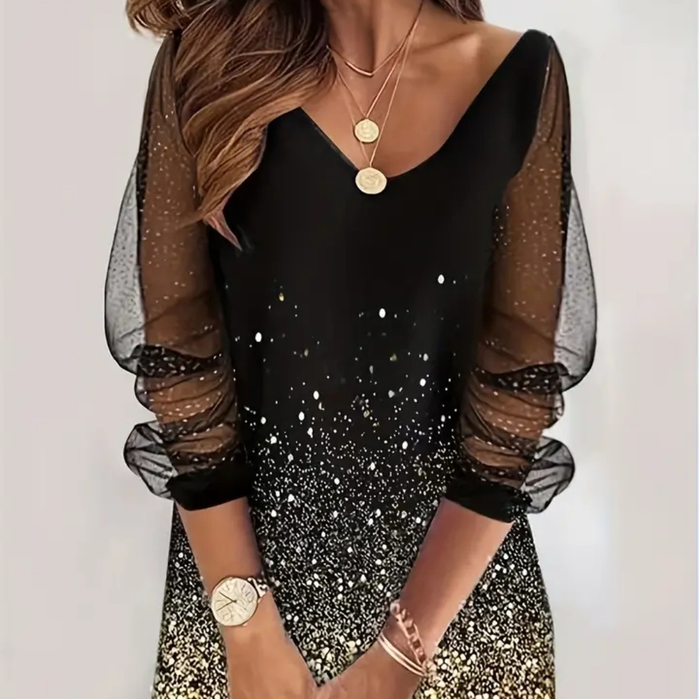 Printed Sheer Sleeve V-neck Dress